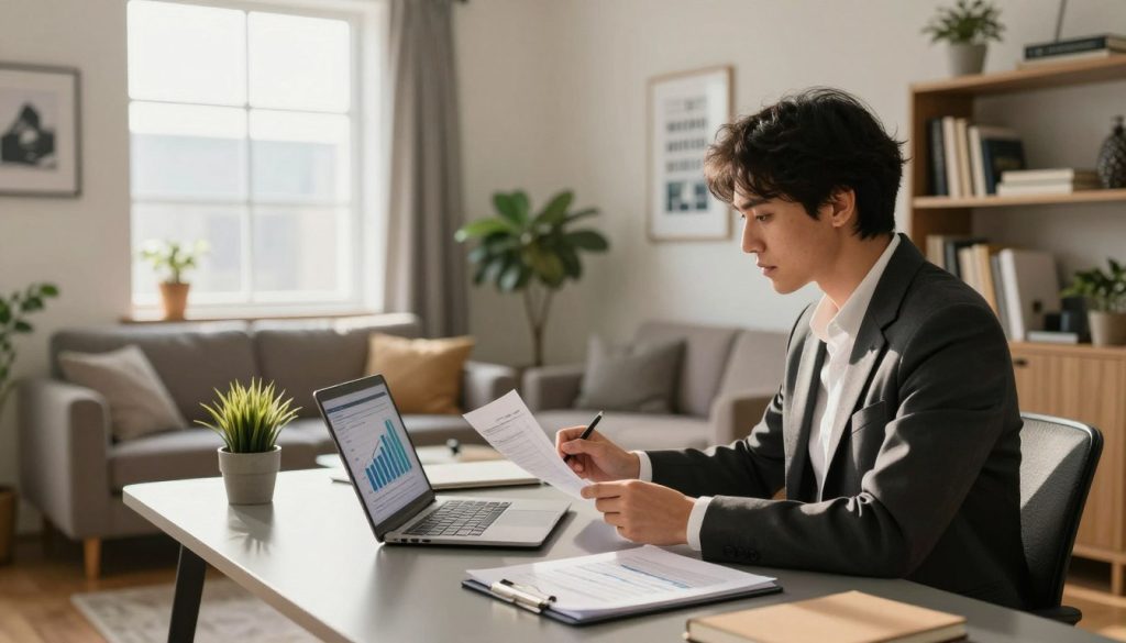 A modern home office scene depicting the cash-out refinancing process. In the foreground, a focused individual in professional business attire sits at a sleek desk, reviewing financial documents and a laptop displaying graphs. The middle ground features a large window with soft, natural lighting streaming in, illuminating a potted plant and motivational artwork on the walls. In the background, a cozy living area showcases a comfortable sofa and bookshelves filled with home improvement and finance books, reflecting a sense of stability and ambition. The atmosphere is serene yet productive, with warm tones and an inviting ambiance, emphasizing professionalism and financial empowerment.