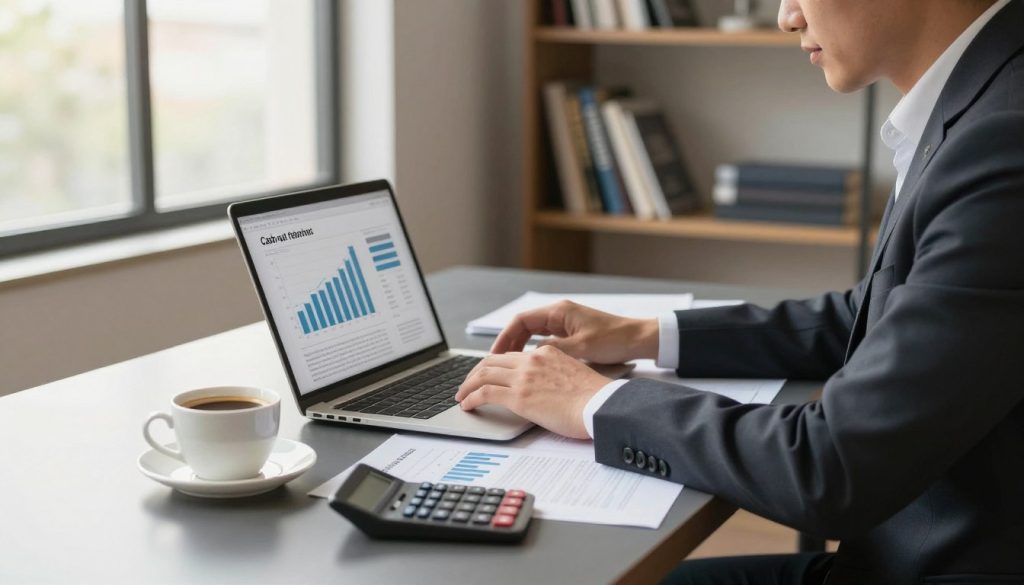 A modern home office setting with a professional, focused individual in business attire, sitting at a sleek desk covered with financial documents and a laptop displaying graphs related to cash-out refinancing. In the foreground, highlight a freshly brewed cup of coffee and a calculator, symbolizing careful consideration and analysis. The middle ground features a large window with soft, natural light casting warmth over the scene, creating an inviting and productive atmosphere. In the background, add a bookshelf filled with finance and investment books, suggesting knowledge and expertise in financial matters. The overall mood should be optimistic and empowering, emphasizing the strategic approach to maximizing cash-out refinancing benefits. The perspective should be slightly angled to showcase both the individual and the desk arrangement harmoniously.