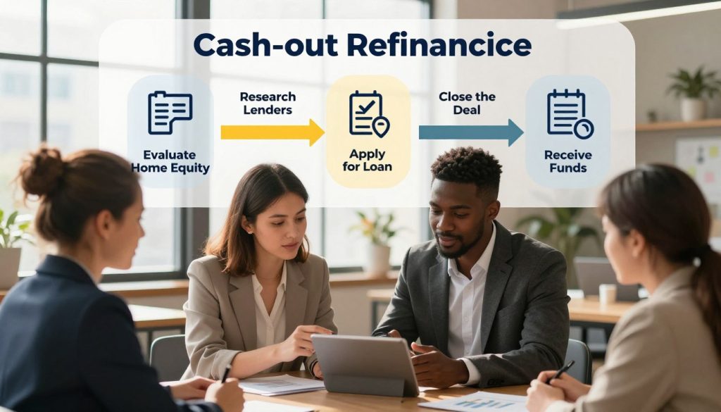 A visually engaging illustration depicting the cash-out refinancing steps. In the foreground, a diverse group of professionals, including a Caucasian woman and an African American man, both in business attire, are actively discussing a financial chart on a tablet. The middle ground features a large, transparent infographic that outlines the cash-out refinancing process with distinct, labeled steps: "Evaluate Home Equity," "Research Lenders," "Apply for Loan," "Close the Deal," and "Receive Funds." The background showcases a cozy office environment with large windows letting in warm, natural light, casting soft shadows. The atmosphere feels collaborative and optimistic, highlighting financial empowerment and informed decision-making. The composition should have a balanced perspective, focusing on clarity and professionalism, without any text overlays or distractions.